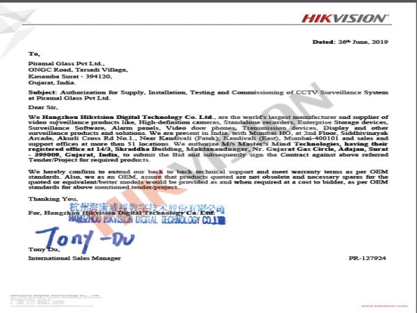 Authorization Letter From Hangzhou Hikvision Digital Technology Co. Ltd.